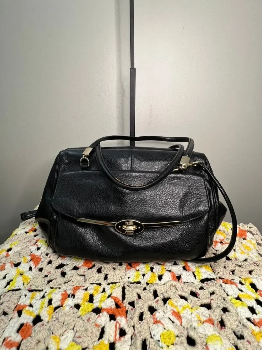Coach Madison Madeline Black Pebbled Leather East West Satchel Shoulder Bag